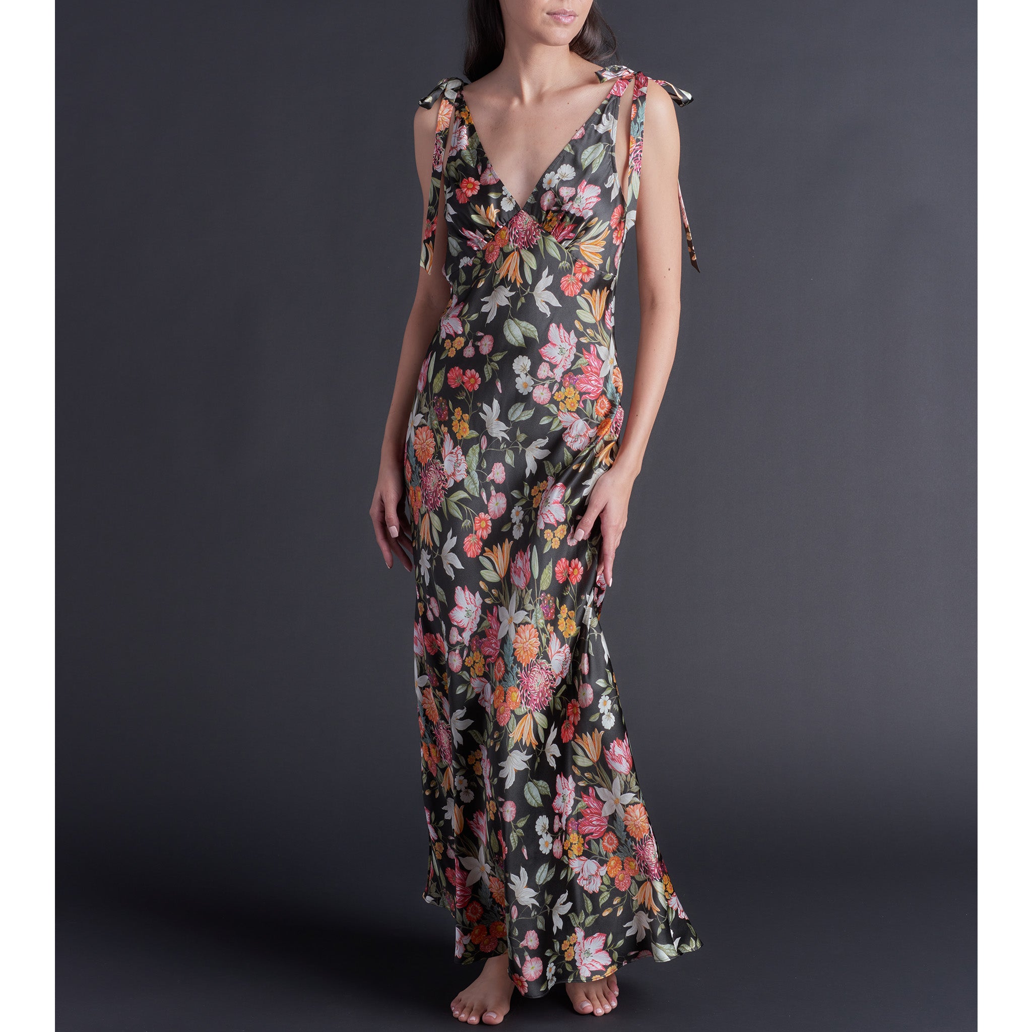 Ava Black Stately Bouquet Liberty Print Silk Charmeuse Slip Dress