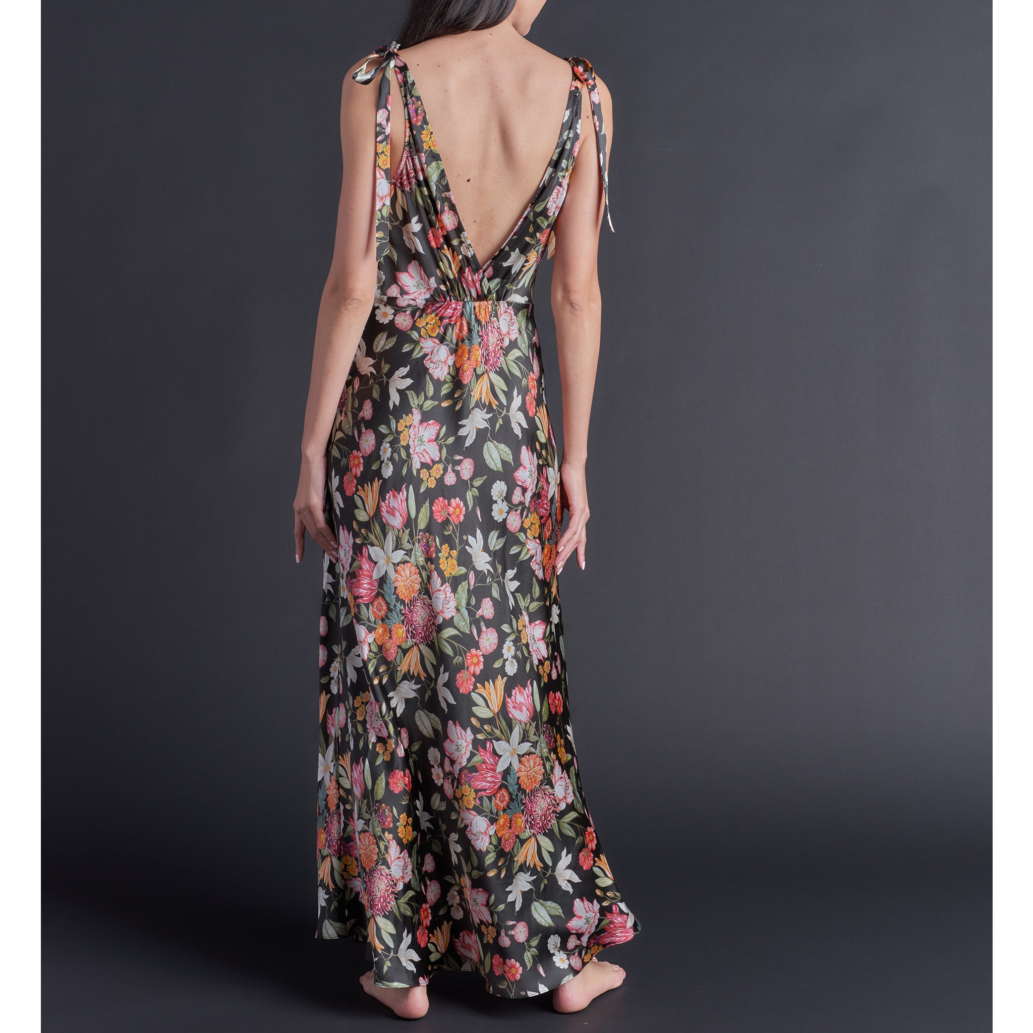 Ava Black Stately Bouquet Liberty Print Silk Charmeuse Slip Dress