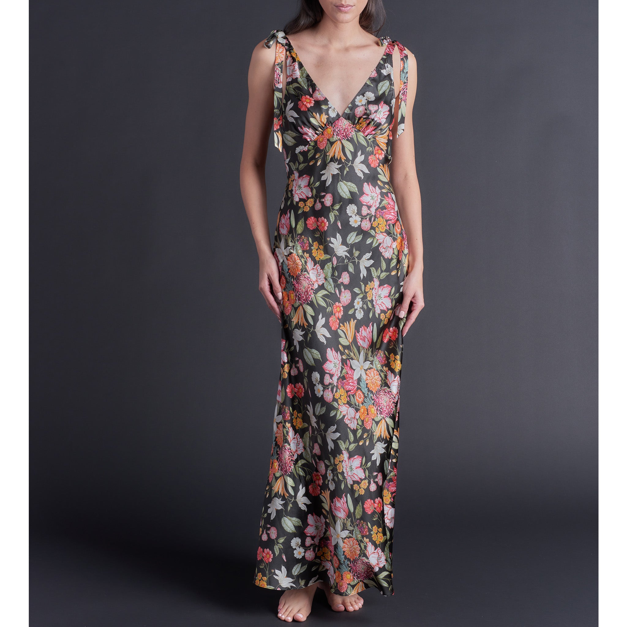 Ava Black Stately Bouquet Liberty Print Silk Charmeuse Slip Dress