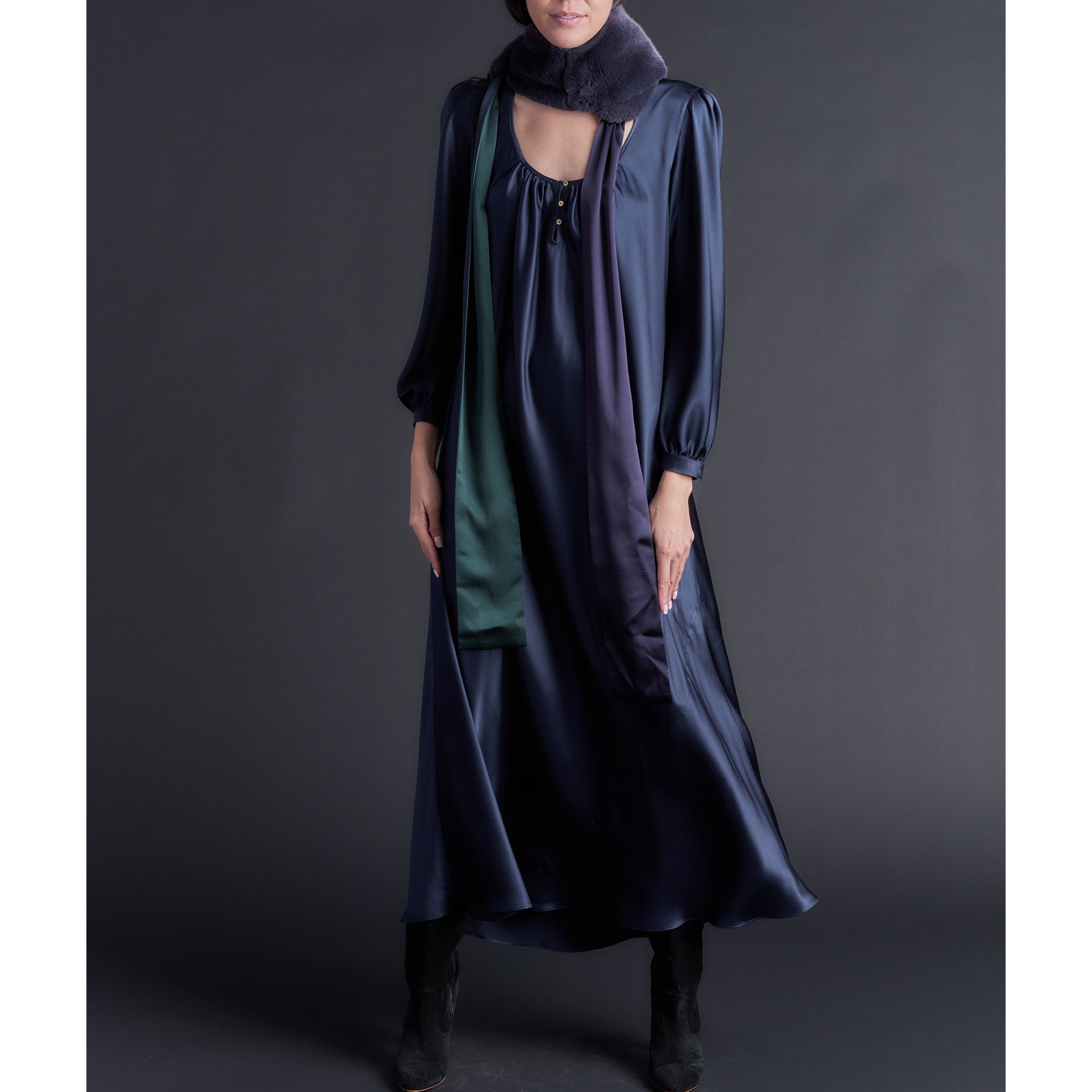 Long Bast Sleep Shirt in Sapphire Silk Charmeuse