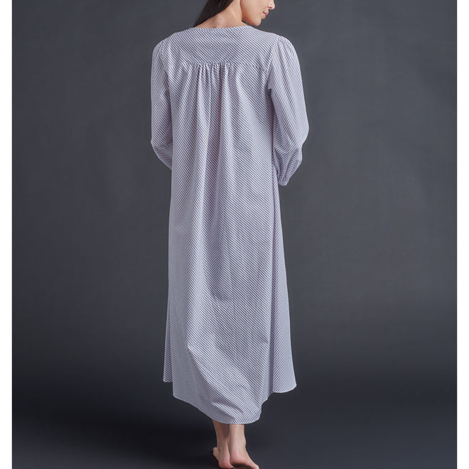 Long Bast Sleep Shirt in Italian White Blue Red Thin Stripe Cotton