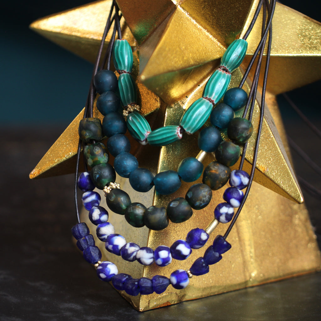 A Deep Blue Recycled Glass Bead Necklace