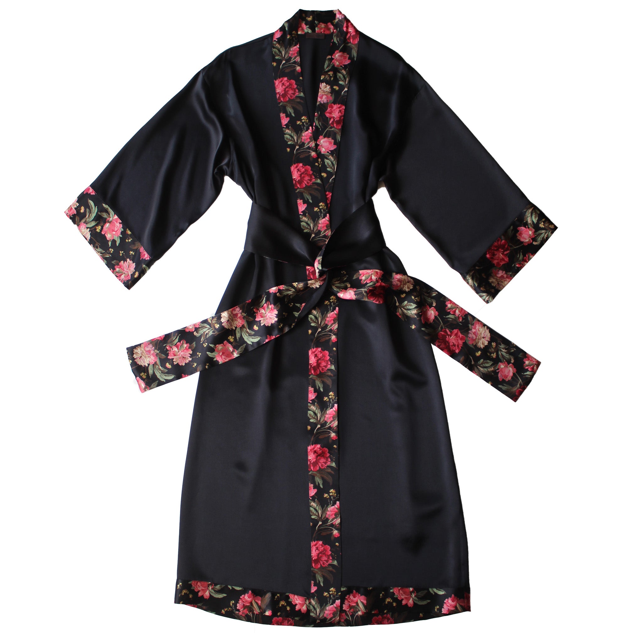 Asteria Kimono Robe in Black Silk Charmeuse with Liberty of London Decadent Blooms Contrast