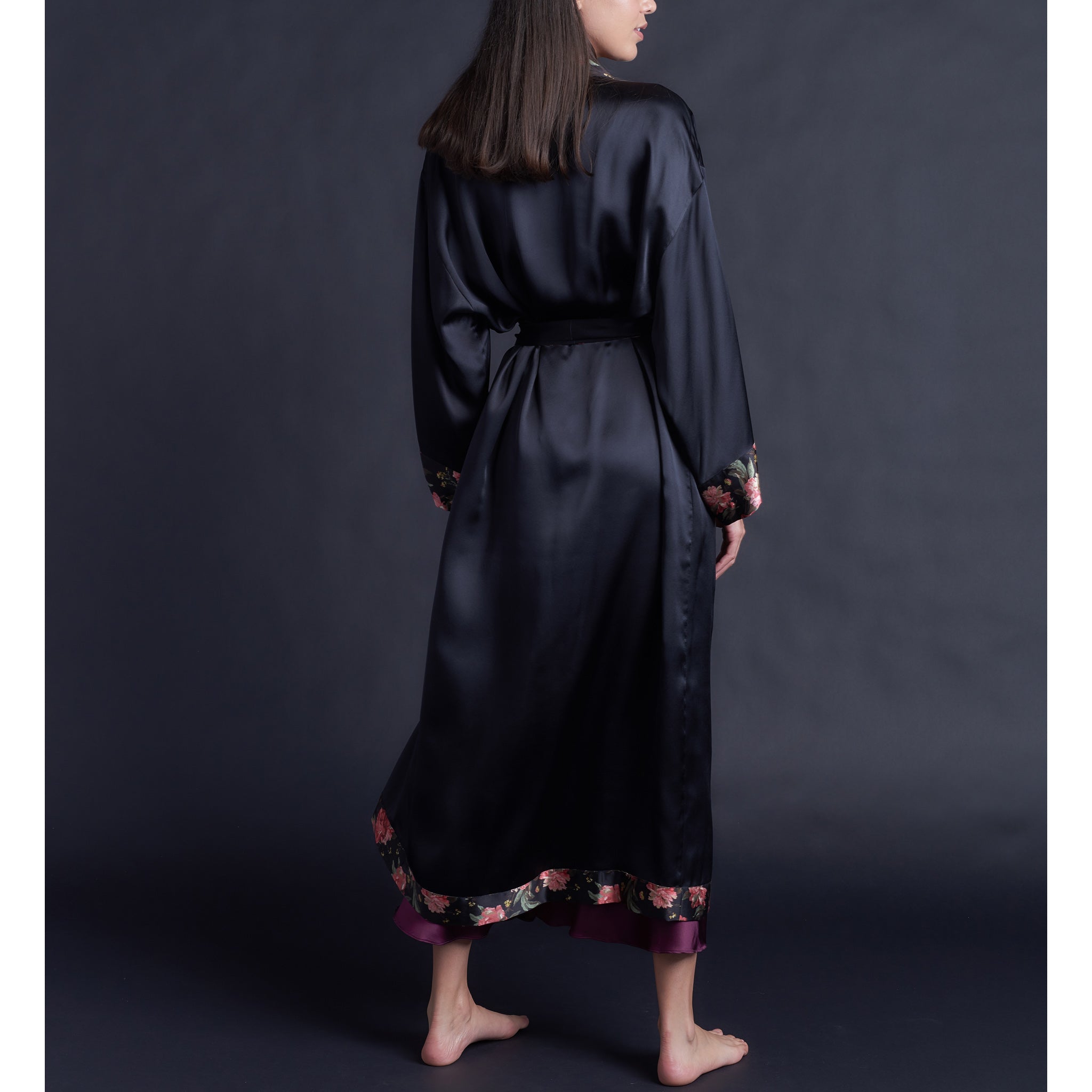 Asteria Kimono Robe in Black Silk Charmeuse with Liberty of London Decadent Blooms Contrast
