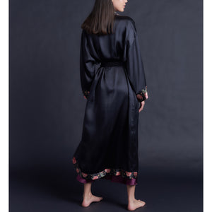 Asteria Kimono Robe in Black Silk Charmeuse with Liberty of London Decadent Blooms Contrast