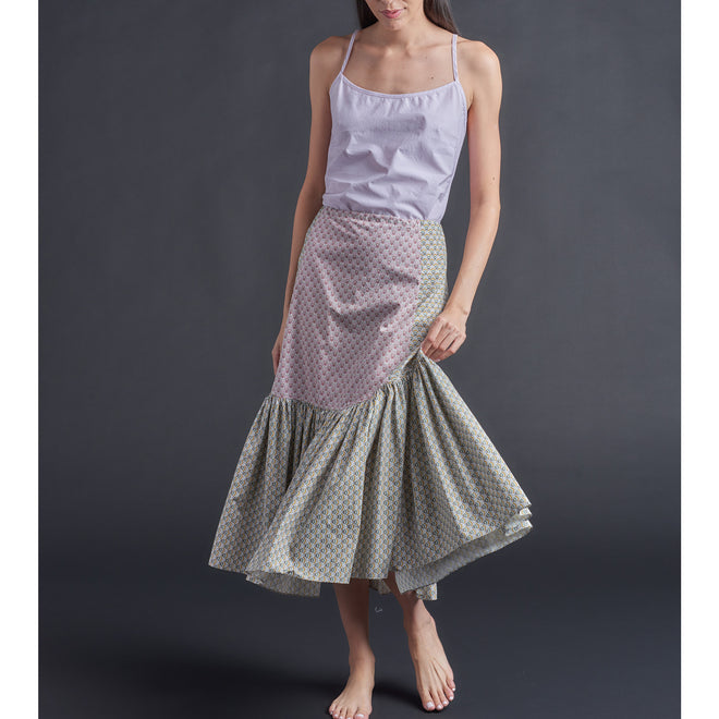 Brigitte Ruffle Skirt in Liberty Print Pink Yellow Mary Anning Cotton Poplin