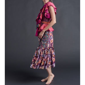 Carlotta Double Ruffle Vest in Color Blocked Silk Crepe de Chine