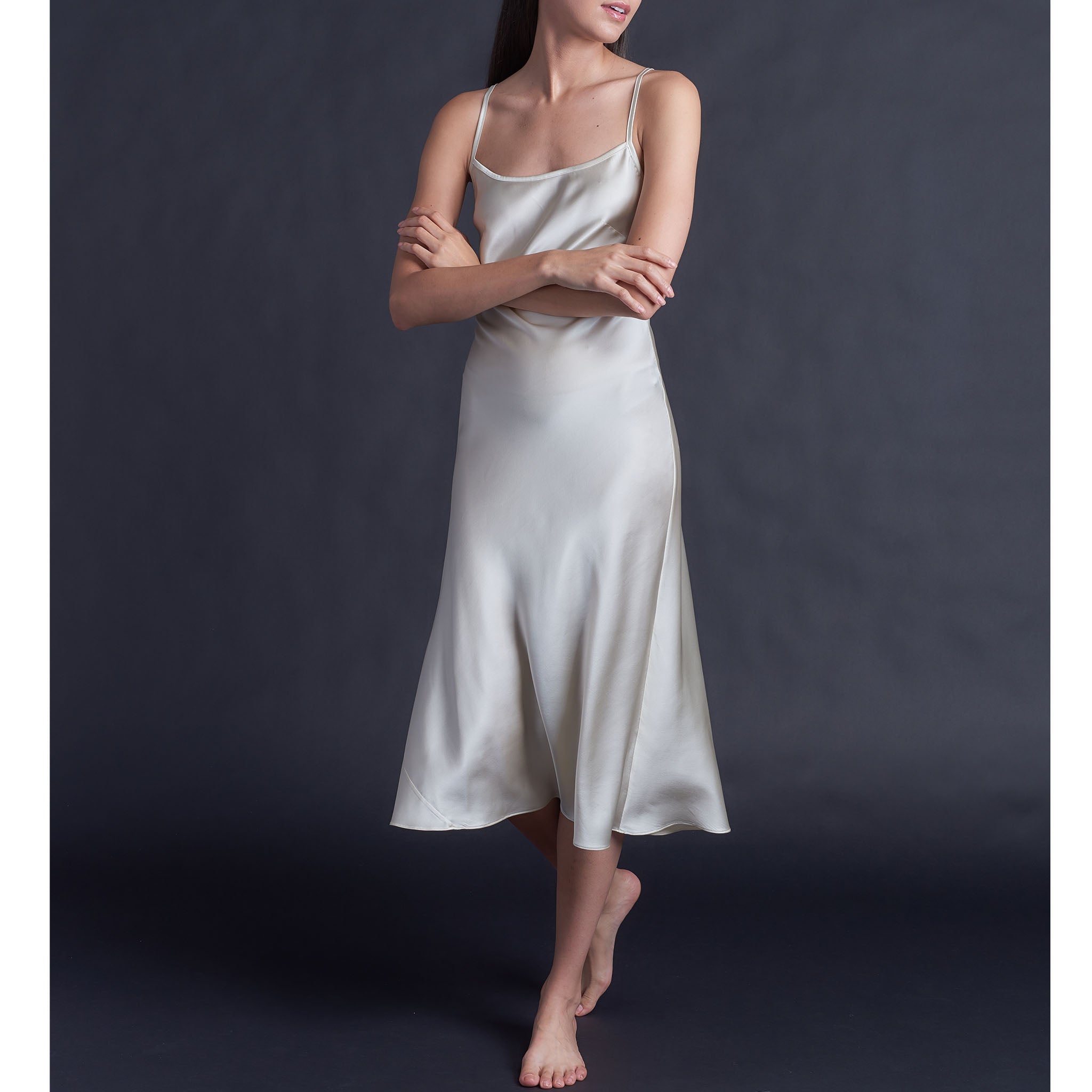 Celeste Tea Length Slip Dress in Pearl Stretch Silk Charmeuse