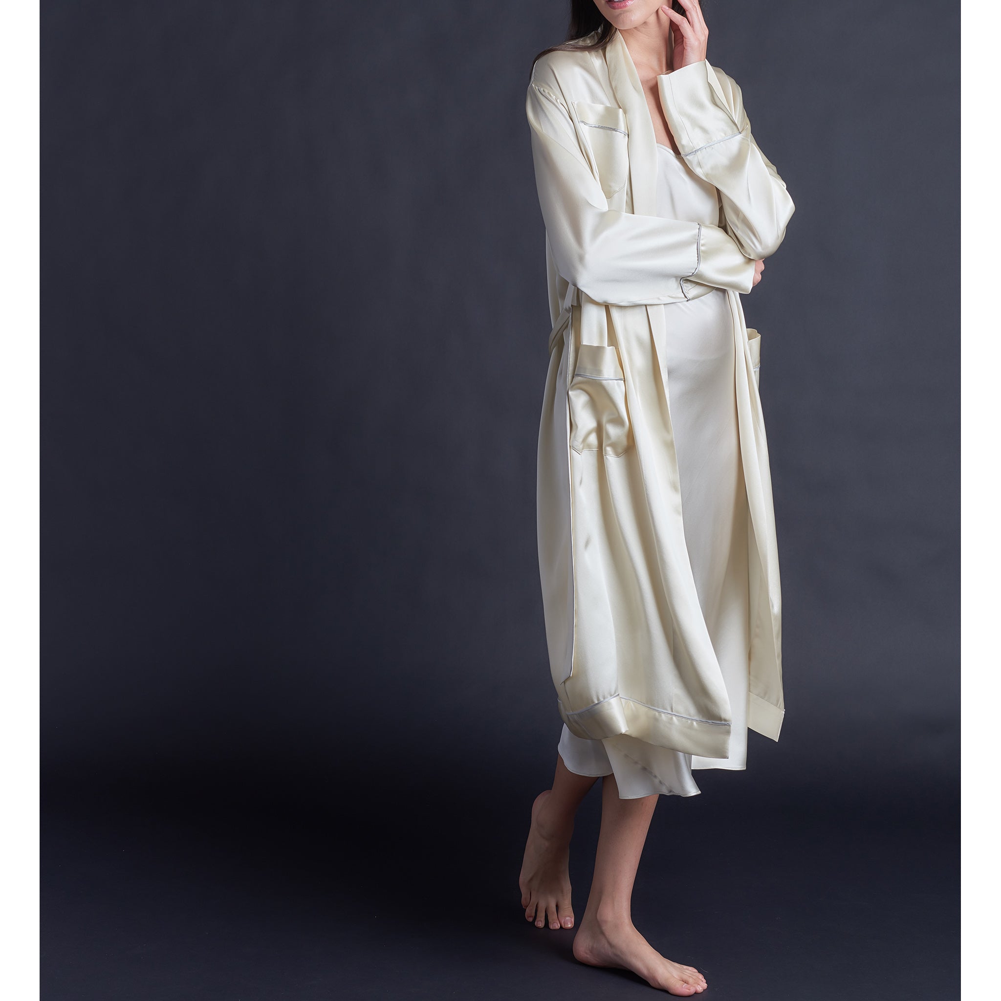 Celeste Tea Length Slip Dress in Pearl Stretch Silk Charmeuse