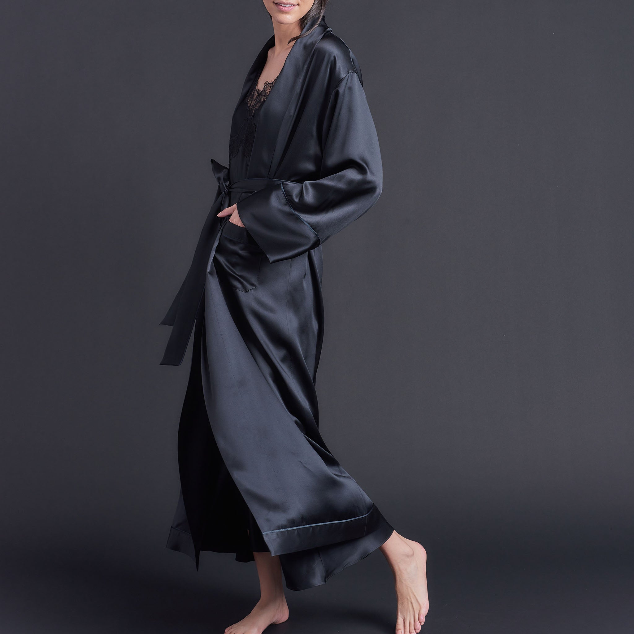Long Claudette Robe in Black Silk Charmeuse