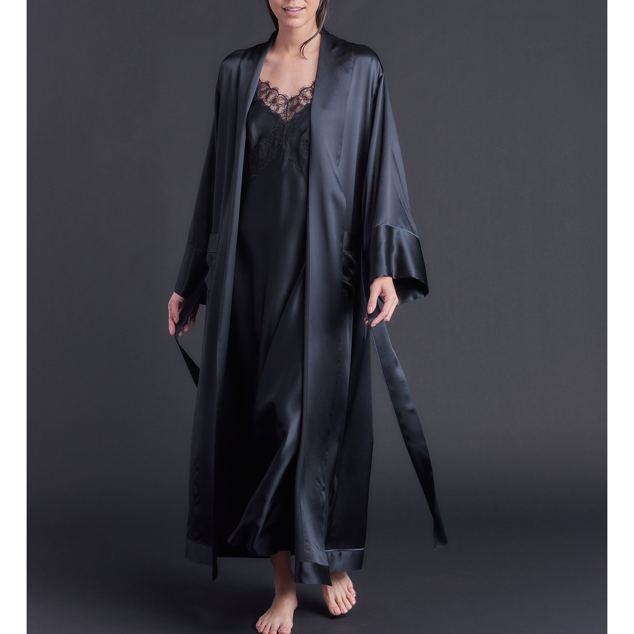Long Claudette Robe in Black Silk Charmeuse