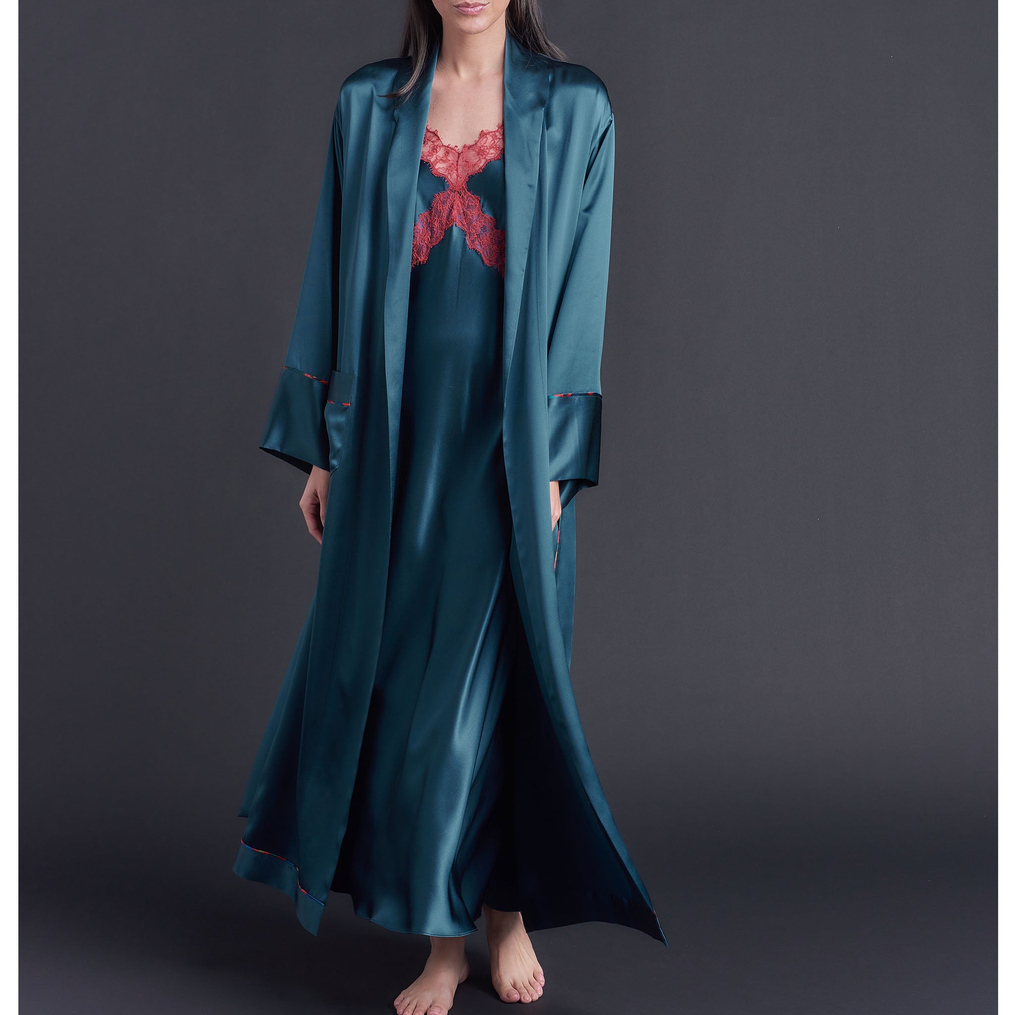 Long Claudette Robe in Peacock Silk Charmeuse
