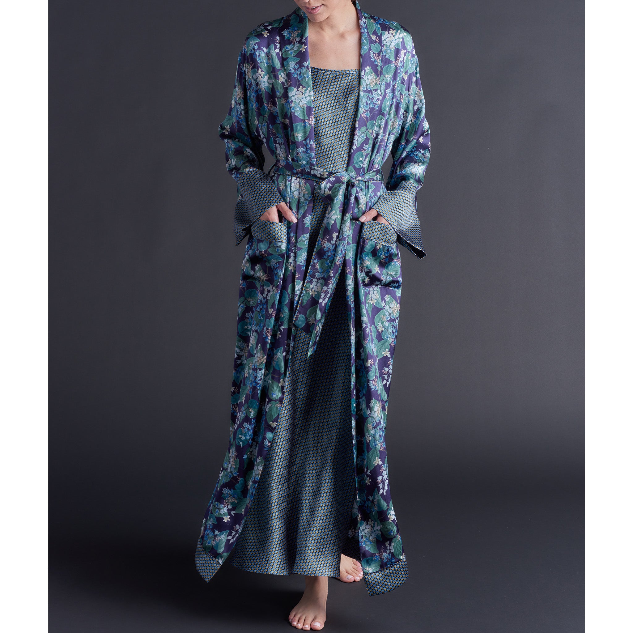 Long Claudette Robe in Osterley Liberty Print Silk Satin