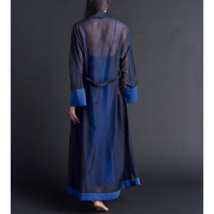 Long Claudette Robe in Color-block Sapphire Silk Cotton Voile