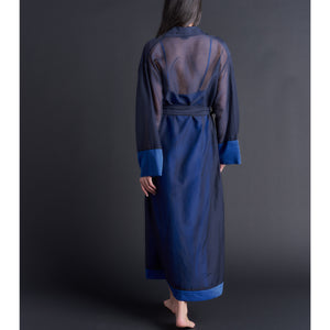 Long Claudette Robe in Color-block Sapphire Silk Cotton Voile
