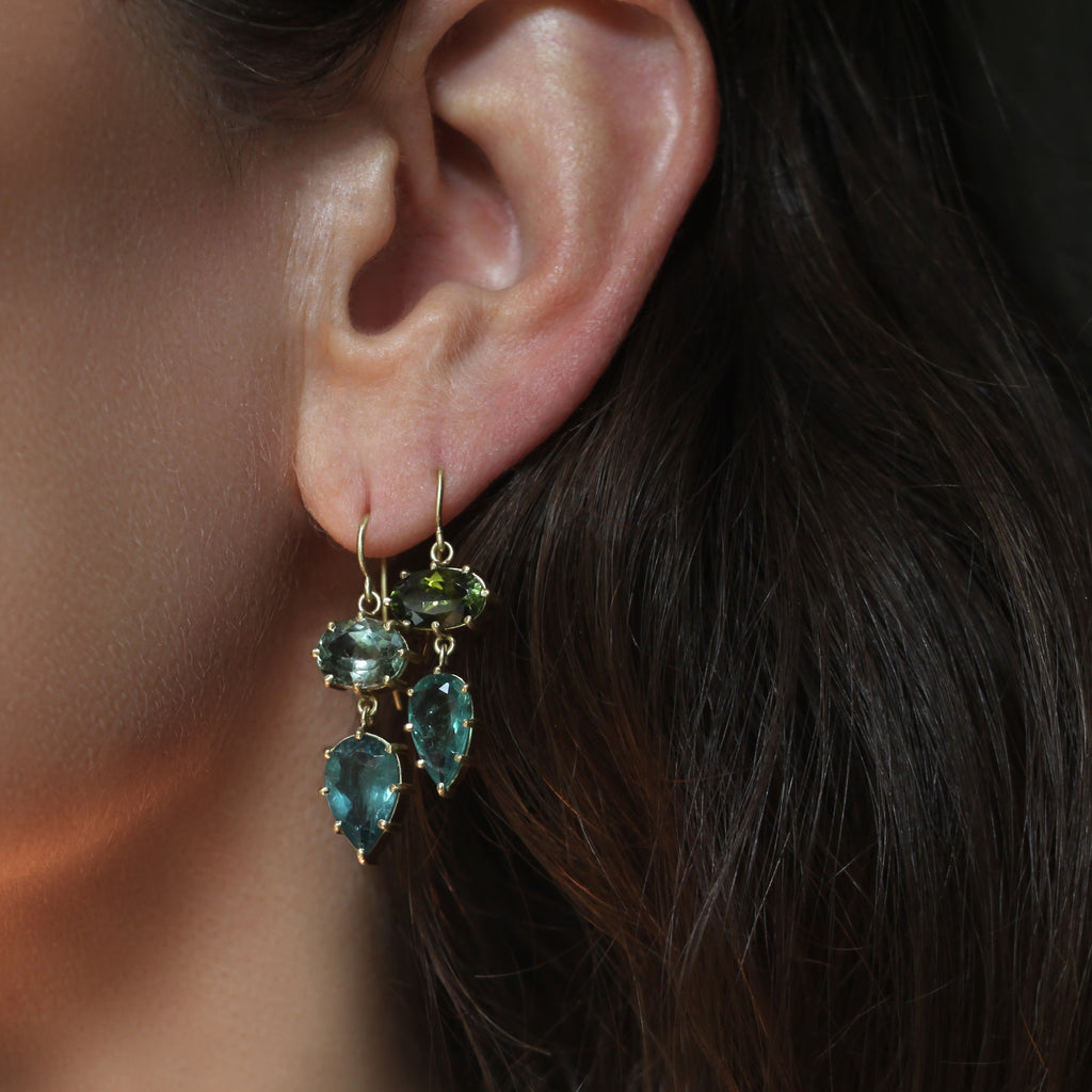 Blue Green Tourmaline Double Drop Earrings