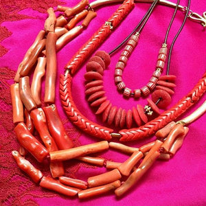 Vintage Red + White Striped Beads on Leather