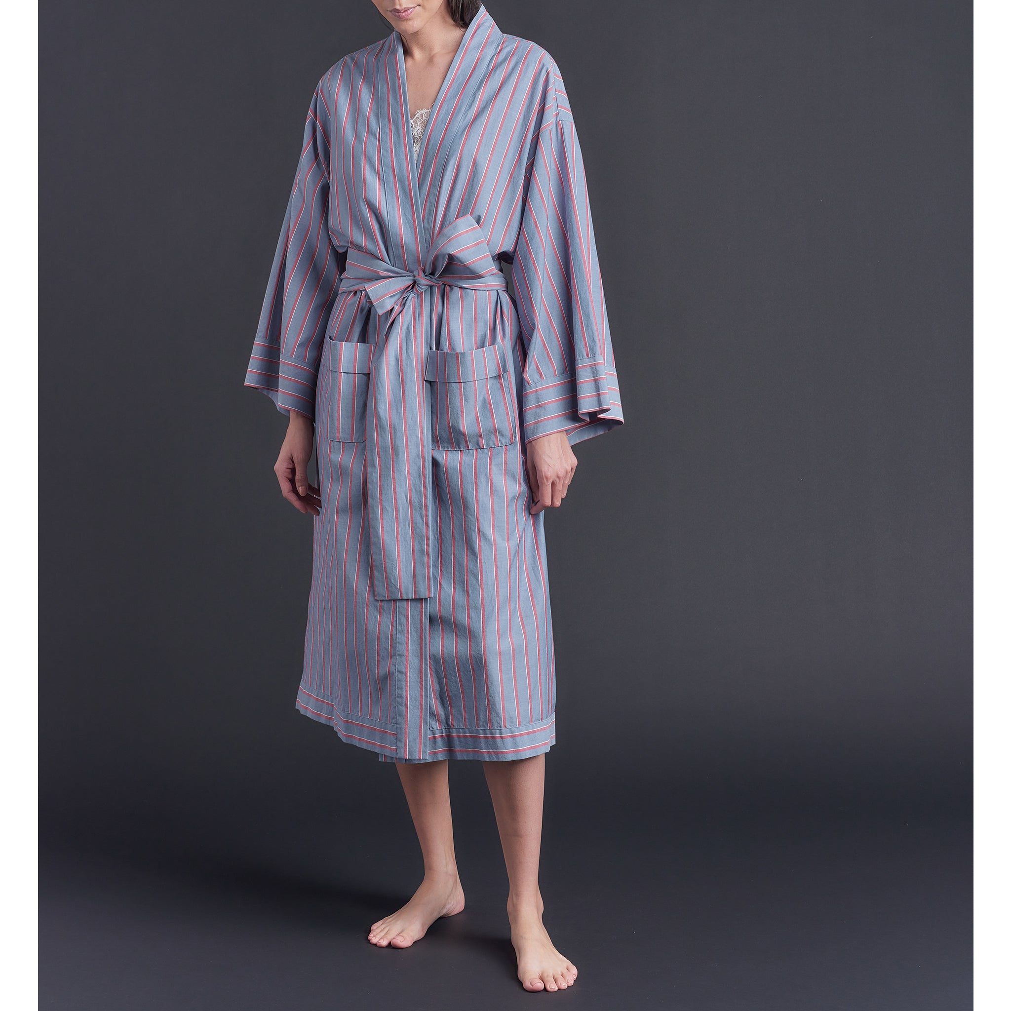 Hydros Unisex Cotton Spa Robe - Blue + Red Wide Stripe