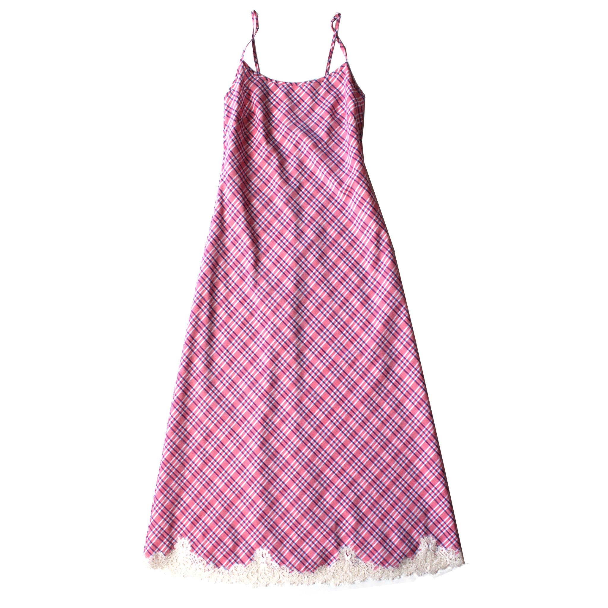 Juno Slip Dress in Italian Cotton Pink Plaid with Lace
