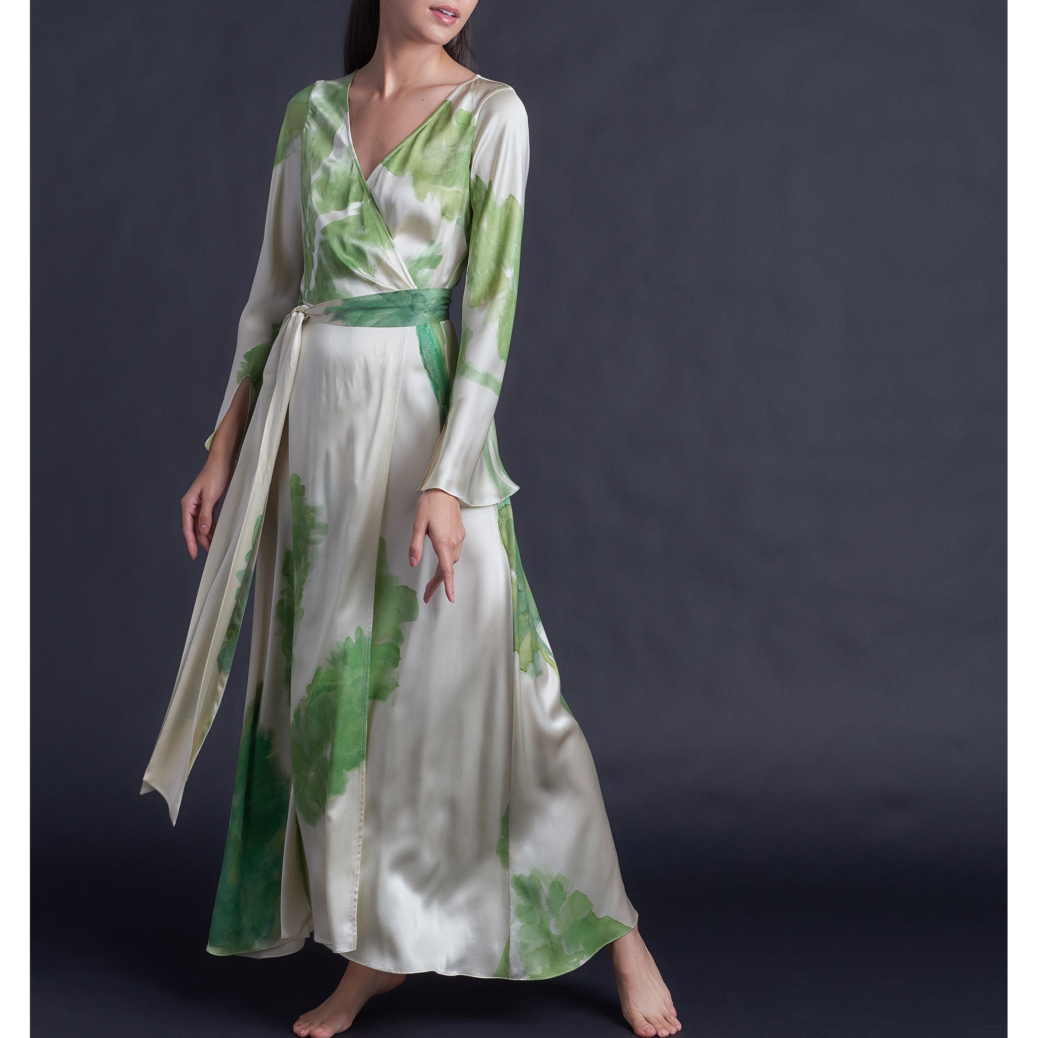 One of a Kind Hand Painted Iris Silk Satin Dressing Gown
