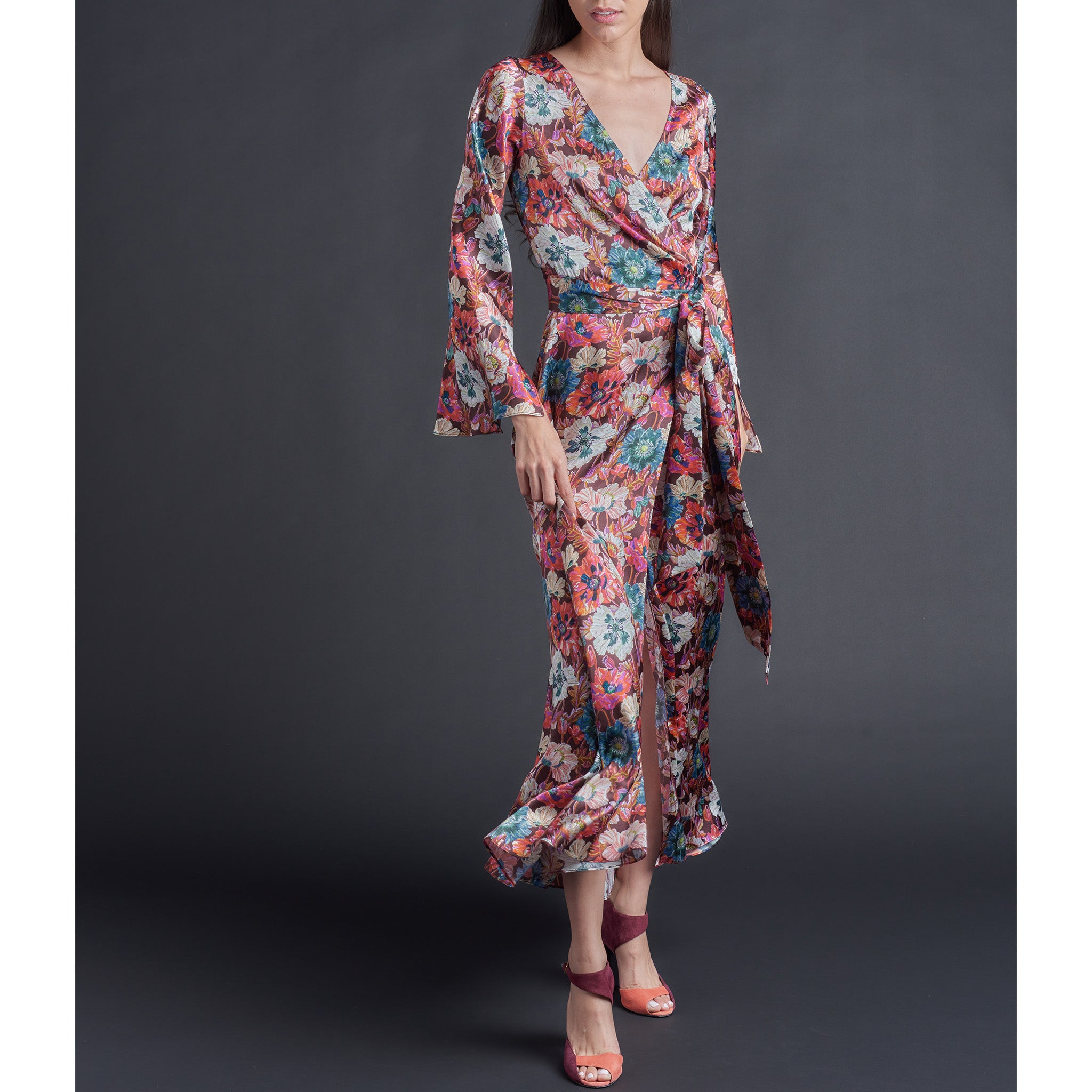 Iris Wrap Robe in Liberty Print Silk Charmeuse - Poppy