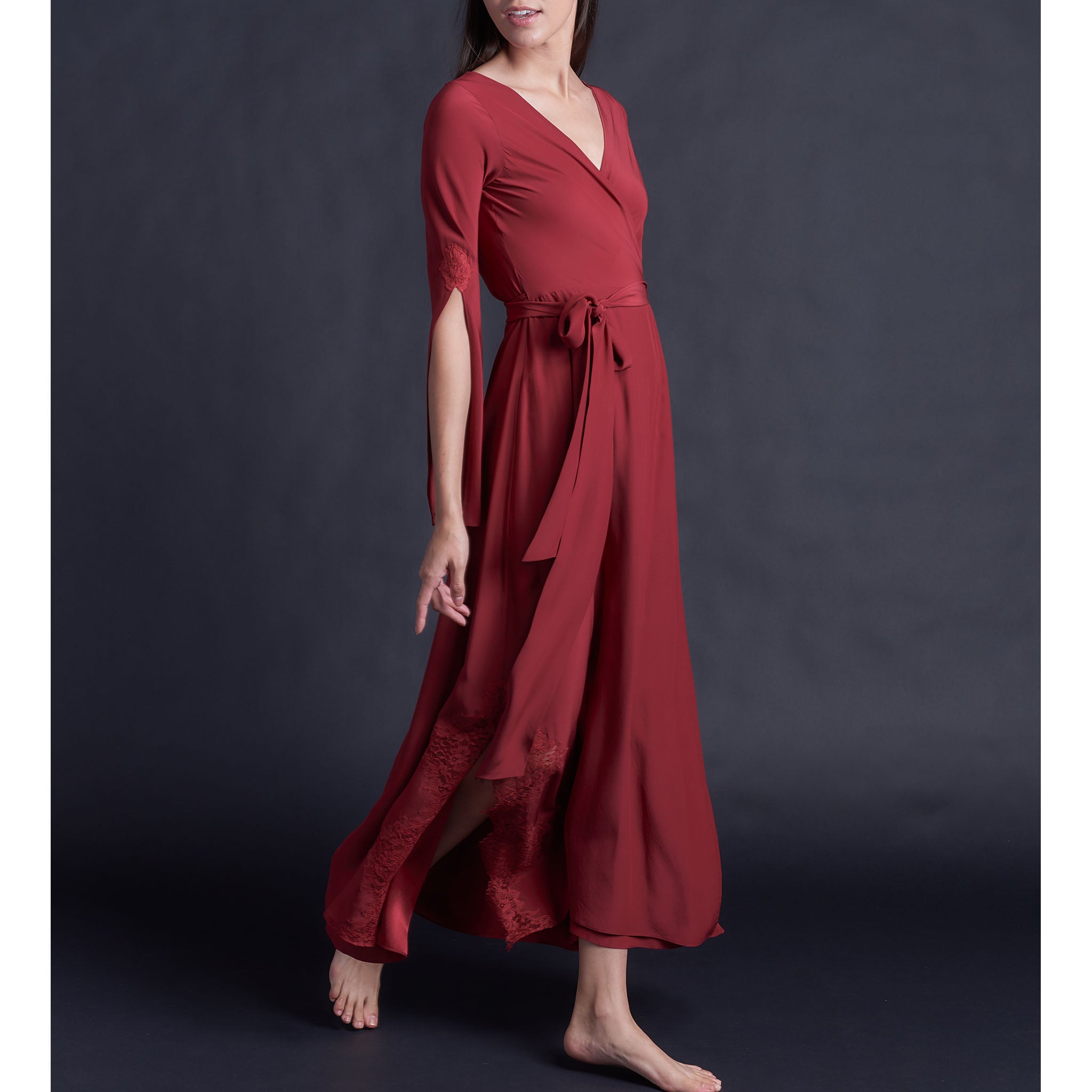Iris Wrap Robe in Red Matte Silk Charmeuse