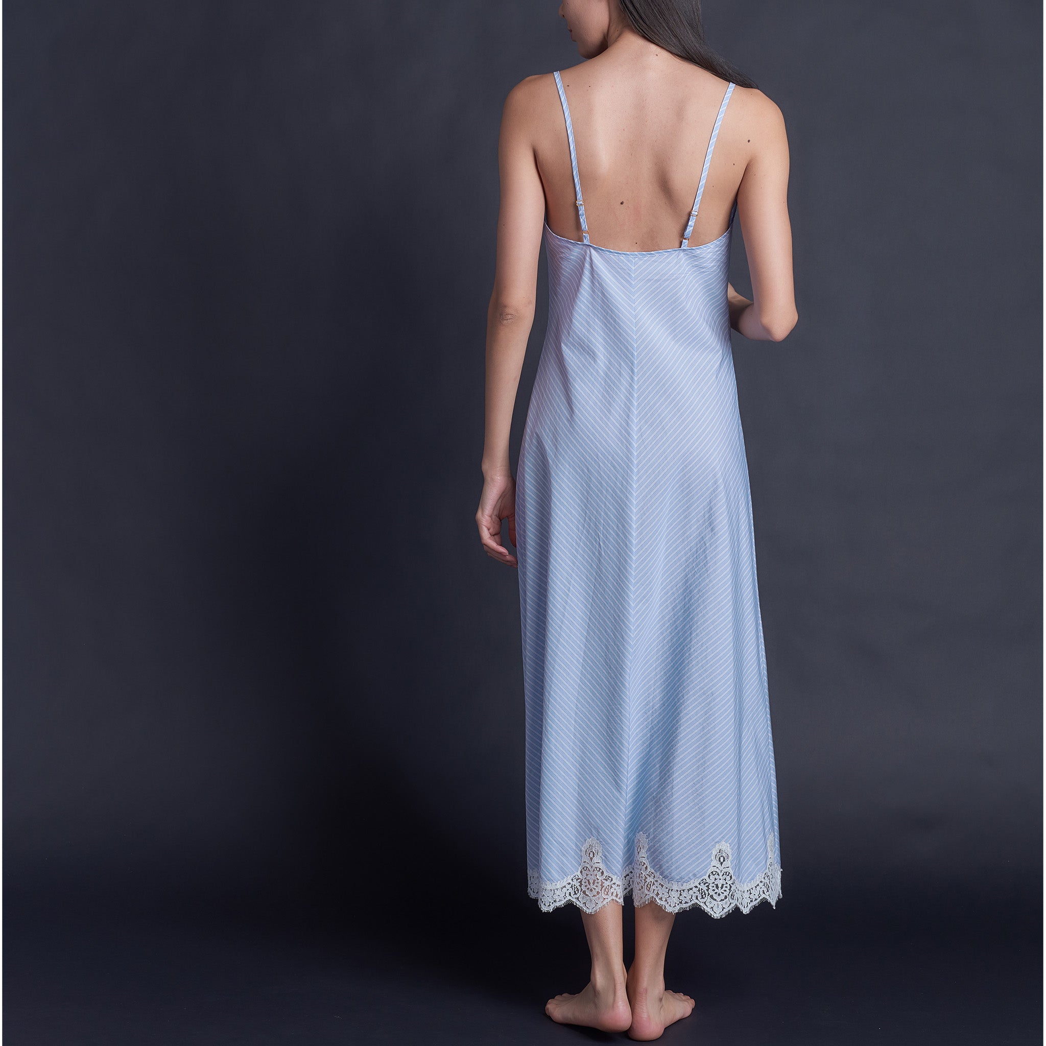 Juno Slip Dress in Italian Cotton Blue Stripe with Lace