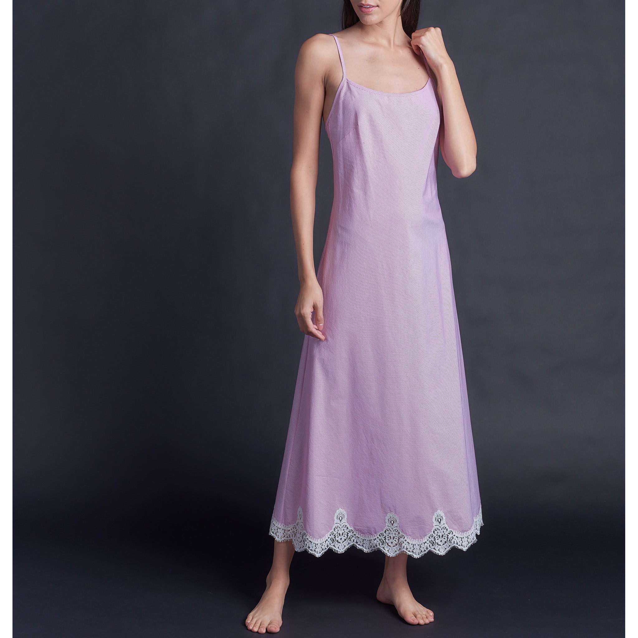 Juno Slip Dress in Italian Cotton Pink Stripe with Lace