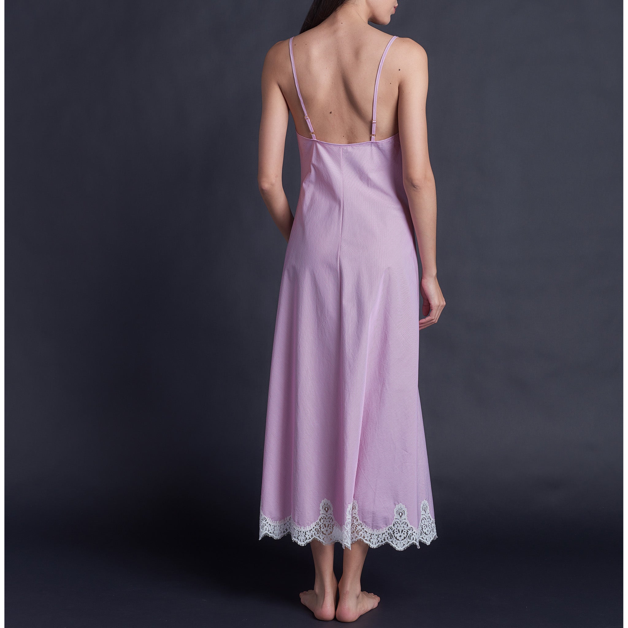 Juno Slip Dress in Italian Cotton Pink Stripe with Lace