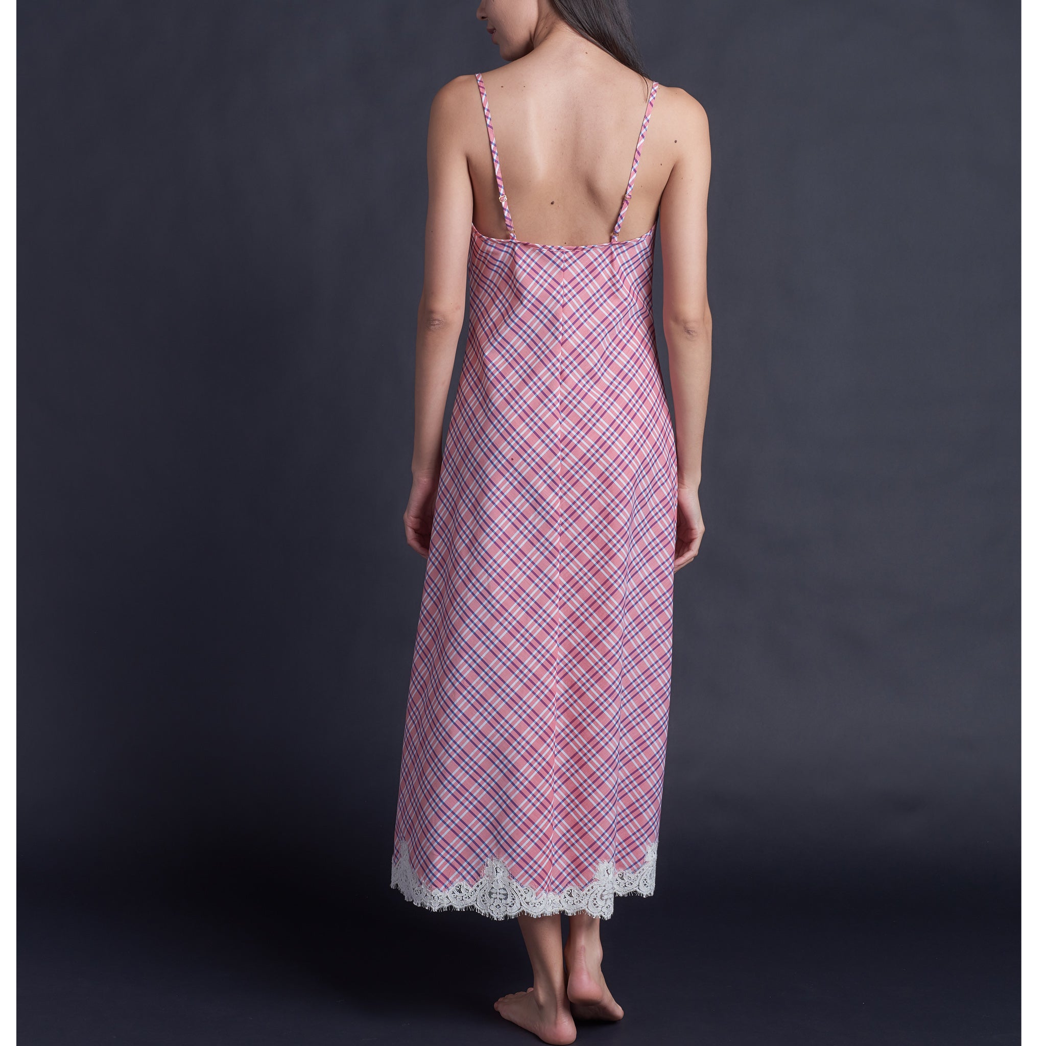 Juno Slip Dress in Italian Cotton Pink Plaid with Lace