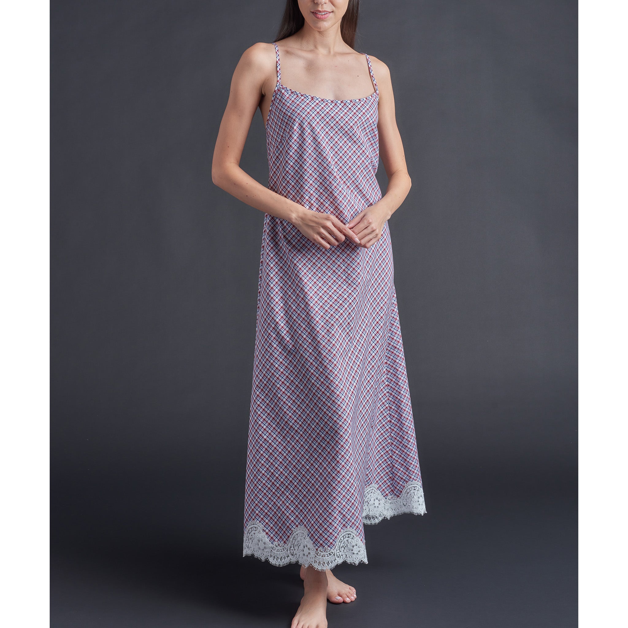 Juno Slip Dress in Italian Cotton Red Blue White Plaid with Lace LFrank Juno Slip Dress in Italian Cotton Red Blue White Plaid with Lace LFrank