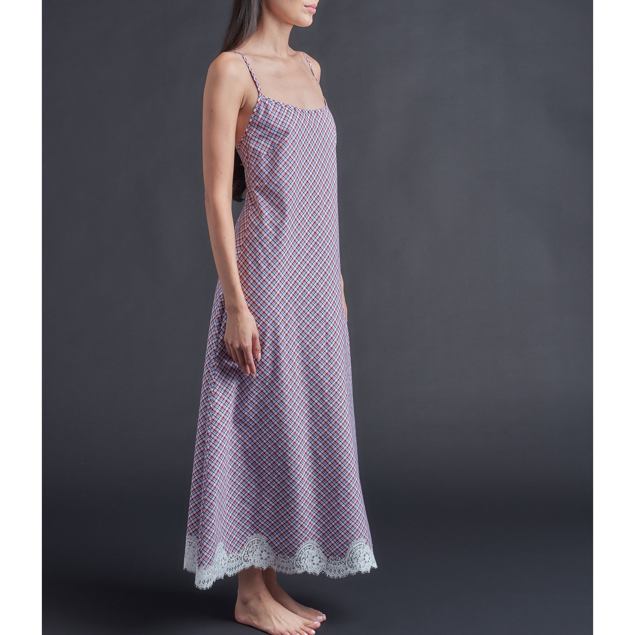 Juno Slip Dress in Italian Cotton Red Blue White Plaid with Lace – LFrank Juno Slip Dress in Italian Cotton Red Blue White Plaid with Lace – LFrank