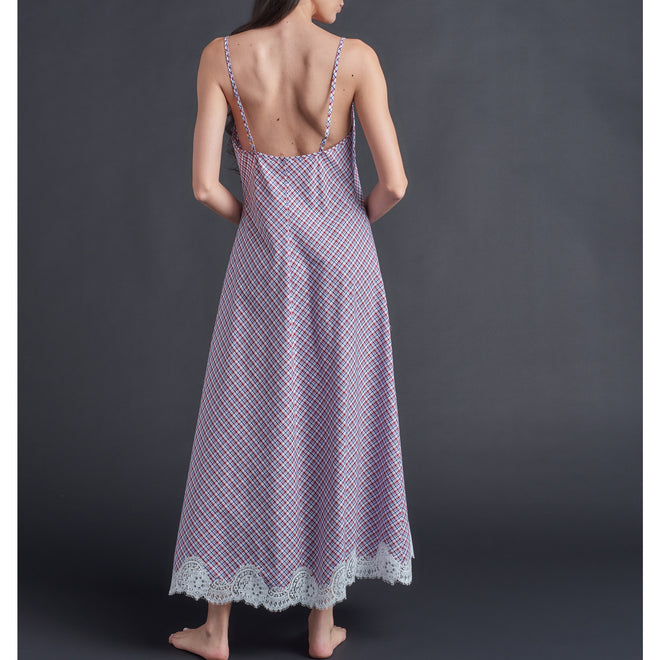 Juno Slip Dress in Italian Cotton Red Blue White Plaid with Lace