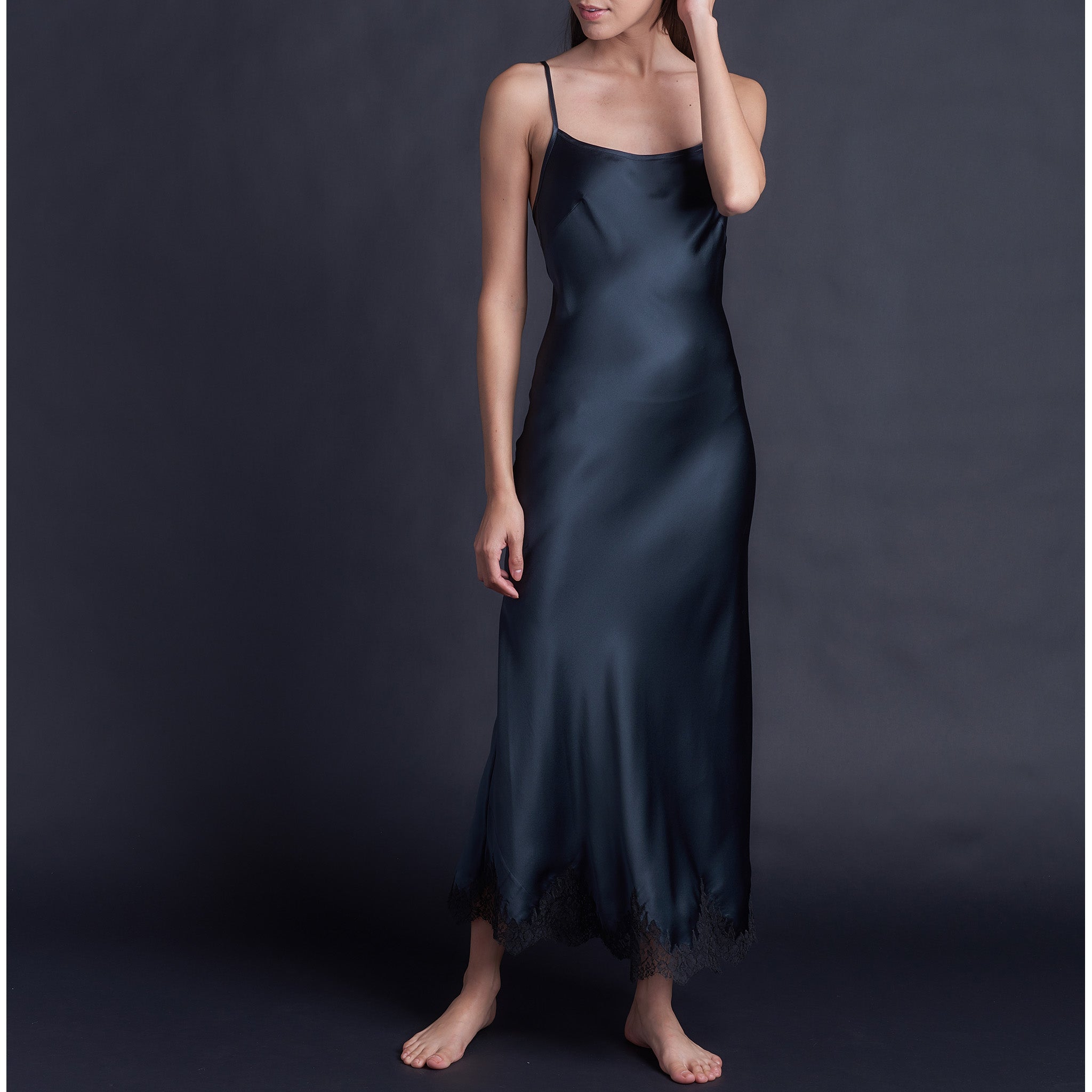Juno Slip Dress in Sapphire Silk Charmeuse with Lace
