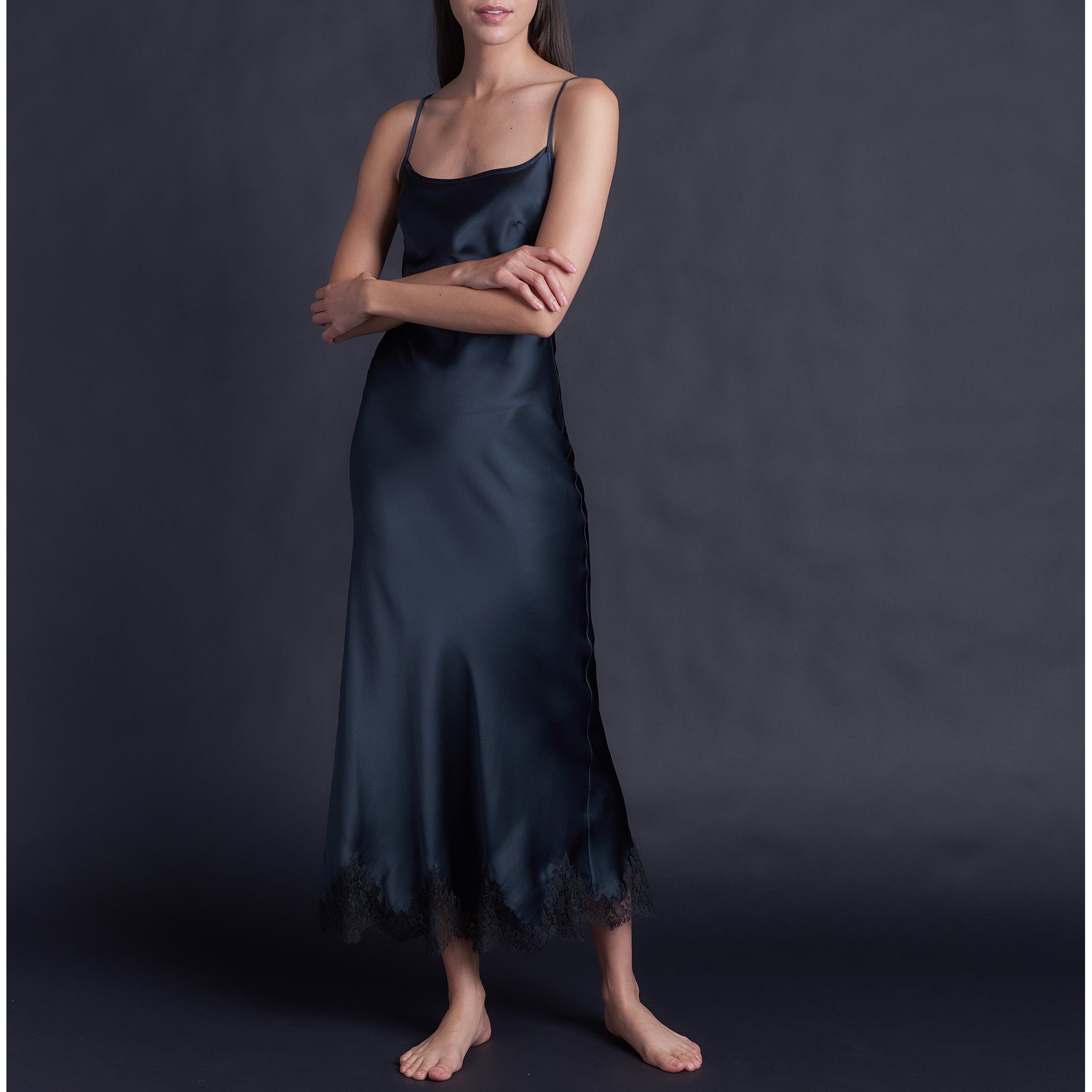 Juno Slip Dress in Sapphire Silk Charmeuse with Lace