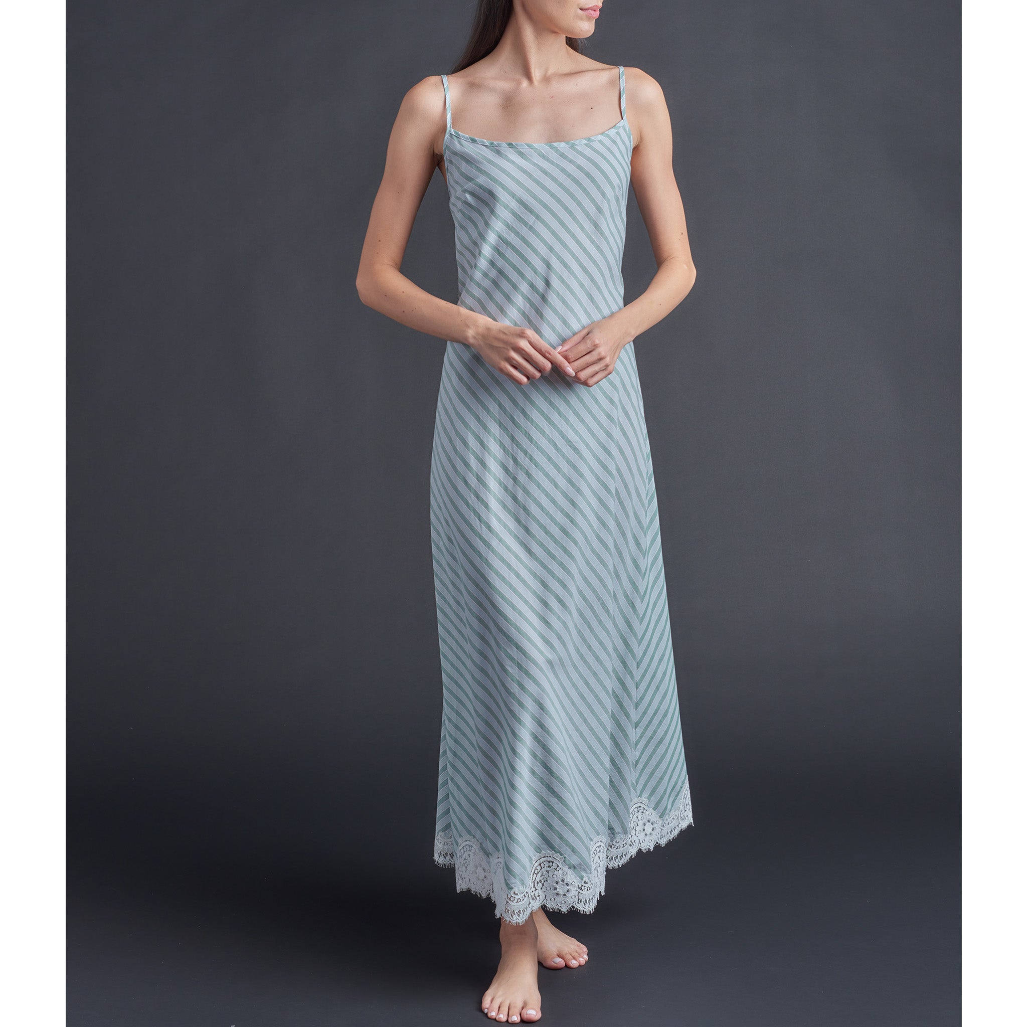 Juno Slip Dress in Italian Cotton Green Blue Stripe with Lace