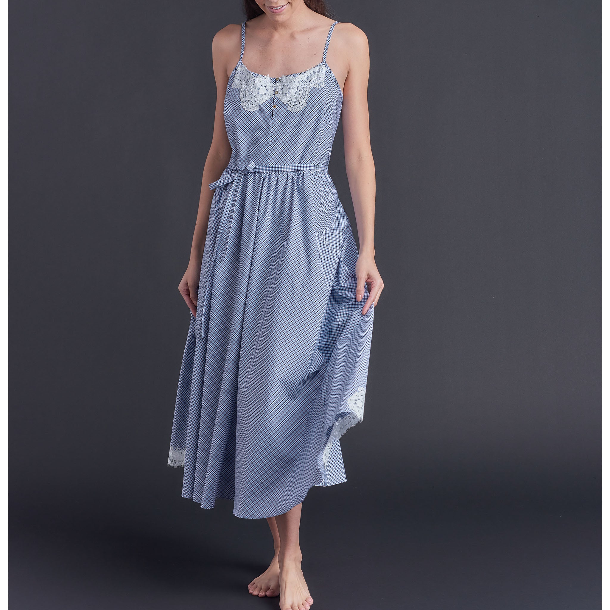 Lilia Slip Dress in Blue Check Italian Cotton