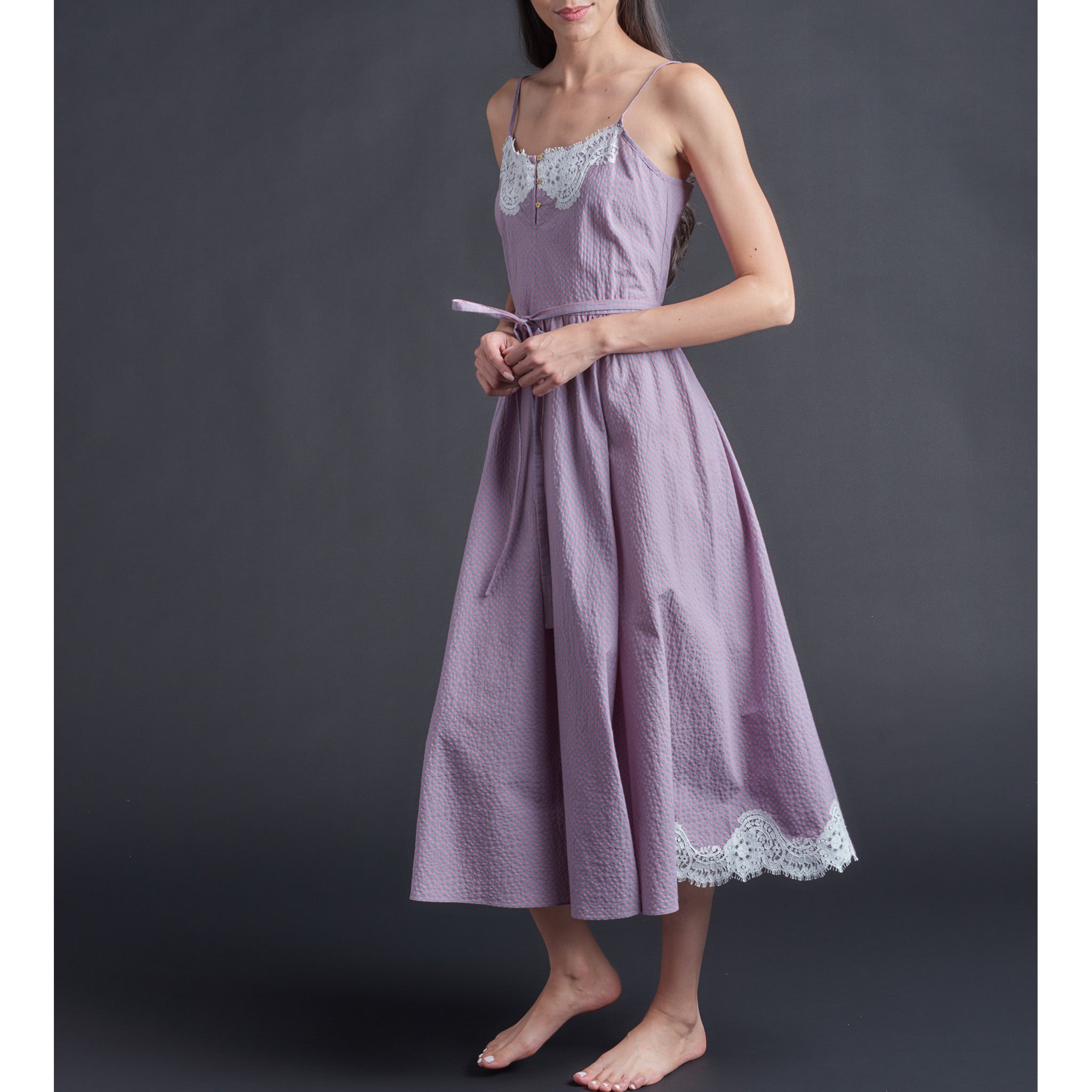 Lilia Slip Dress in Pink Grey Check Italian Cotton