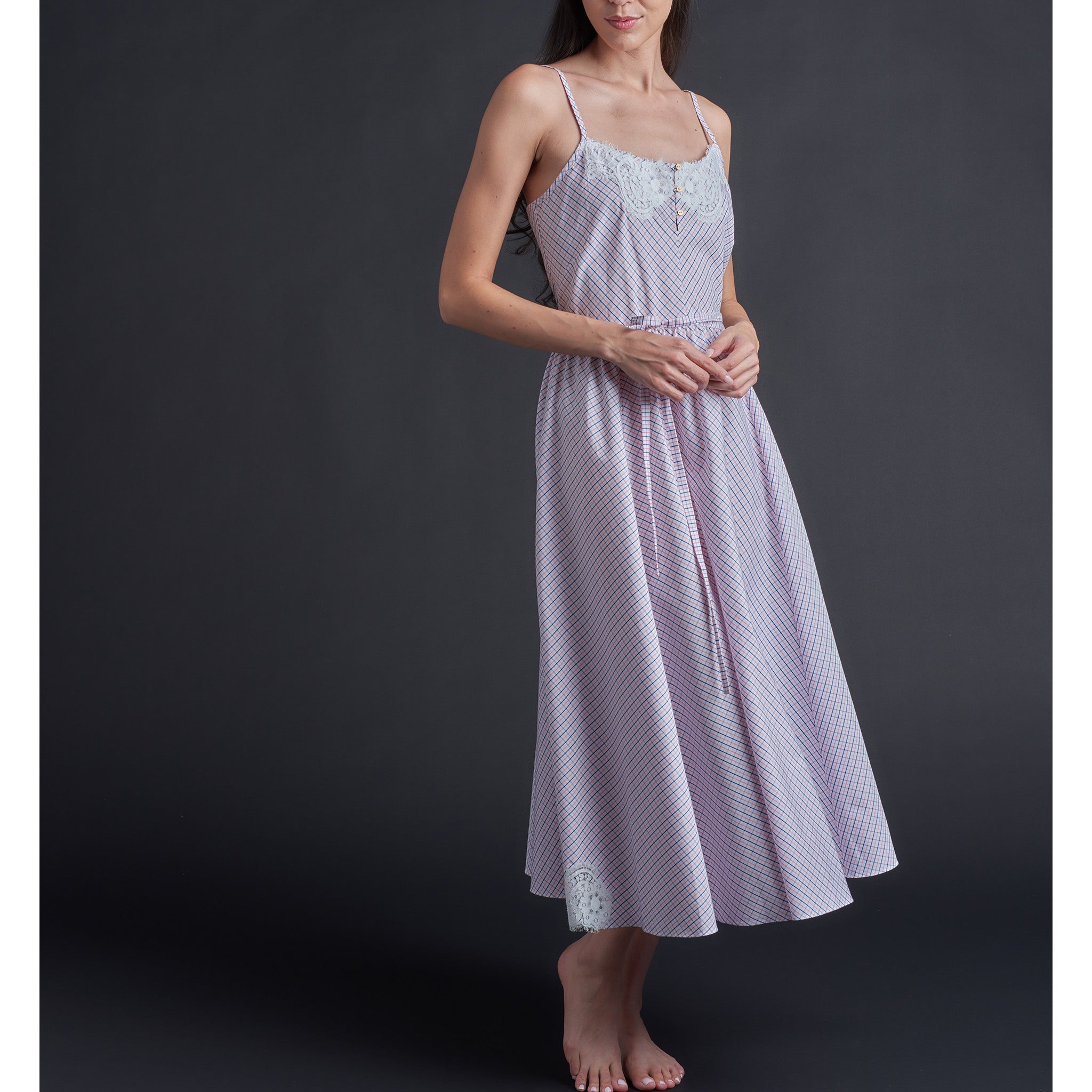 Lilia Slip Dress in Pink Blue White Check Italian Cotton