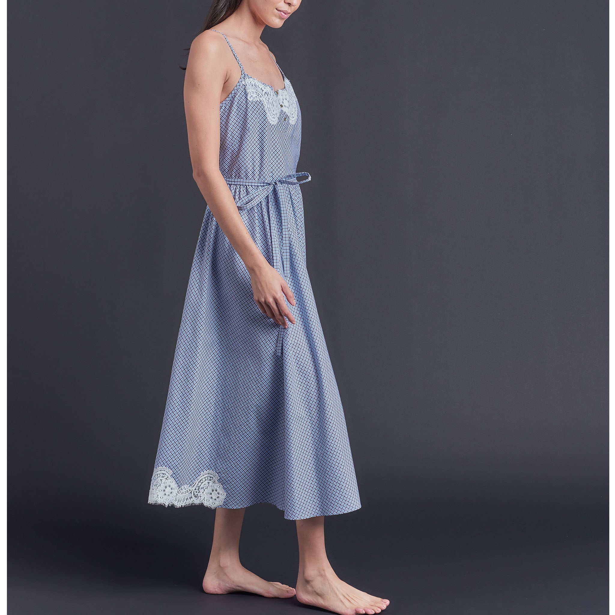 Lilia Slip Dress in Blue Check Italian Cotton