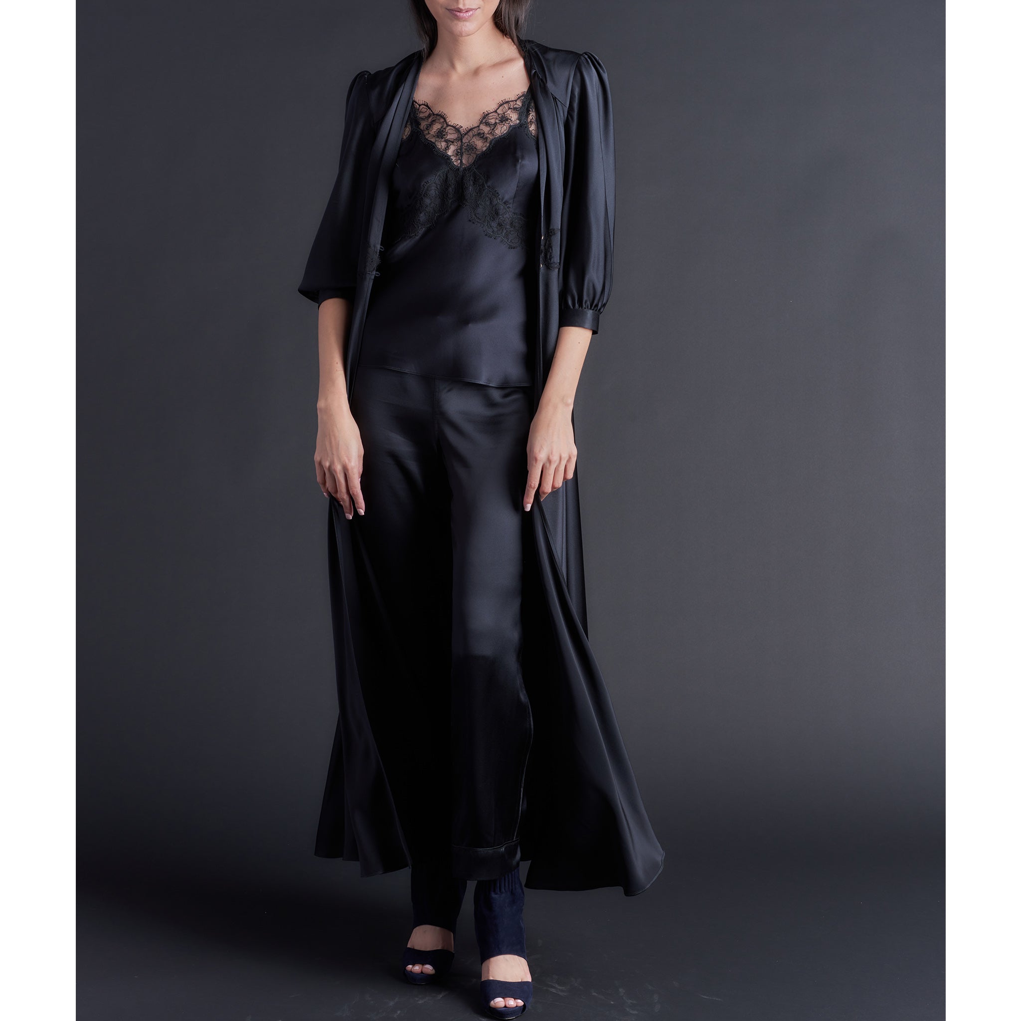 Maia Long Robe in Black Silk Charmeuse