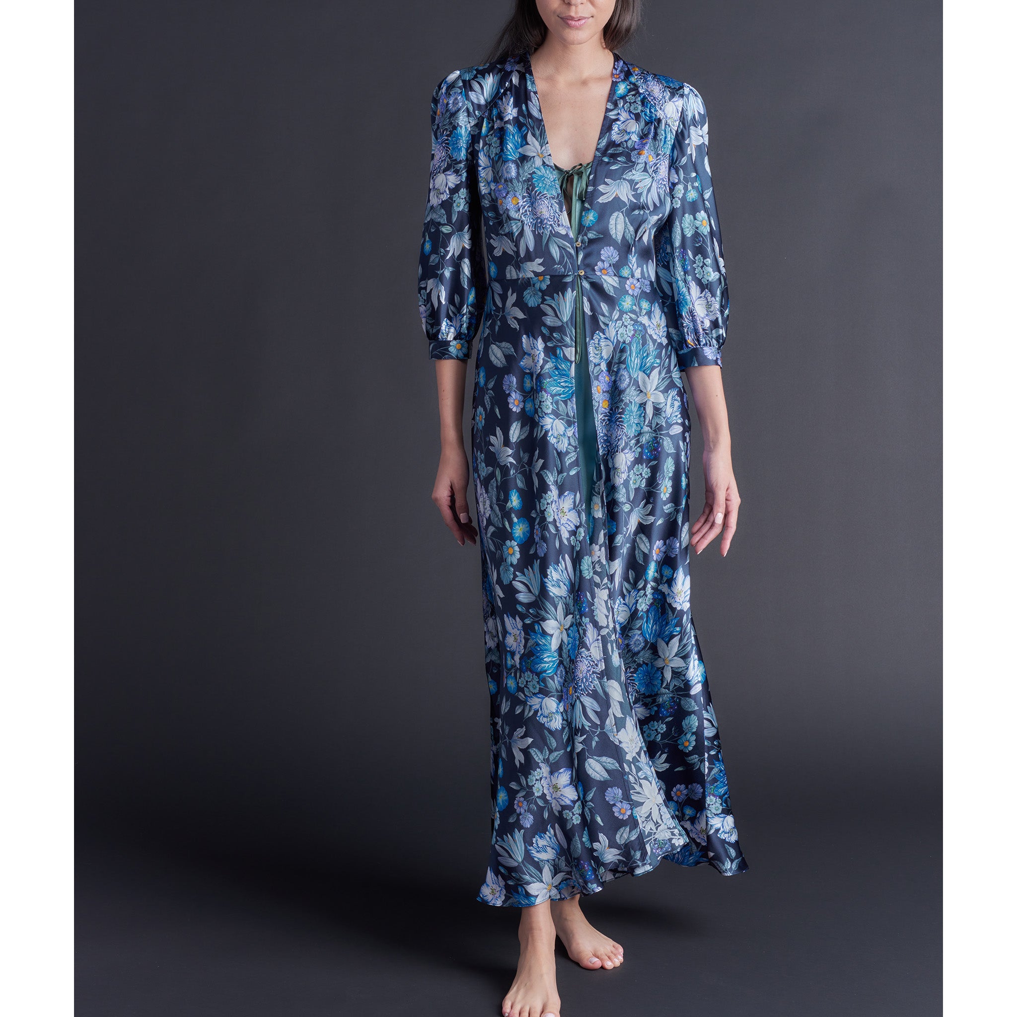 Long Maia Duster in Stately Bouquet Liberty Print Silk Satin