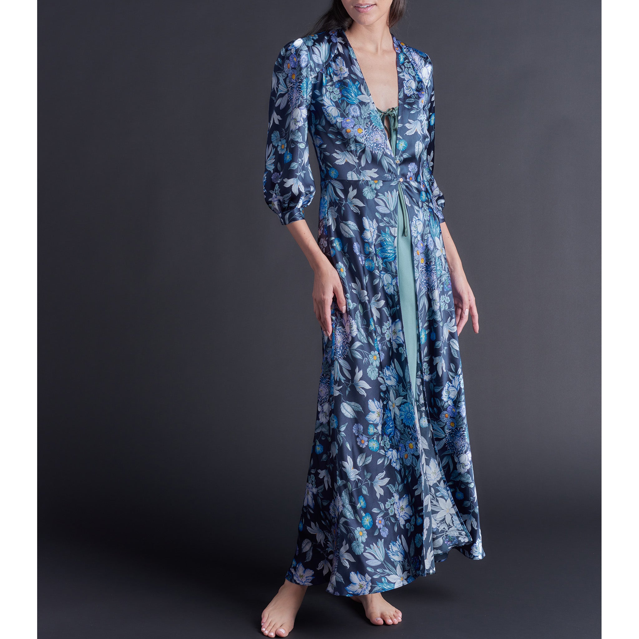 Long Maia Duster in Stately Bouquet Liberty Print Silk Satin