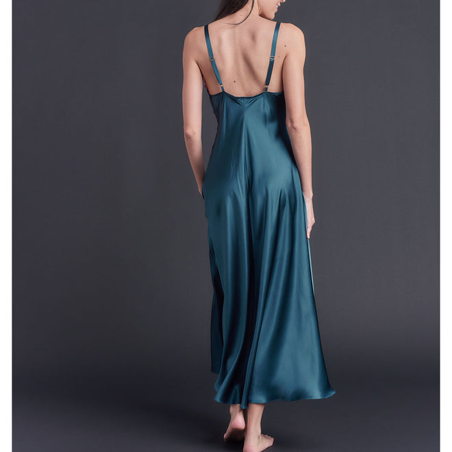 Marlayne Silk Charmeuse Slip in Peacock with Red Lace