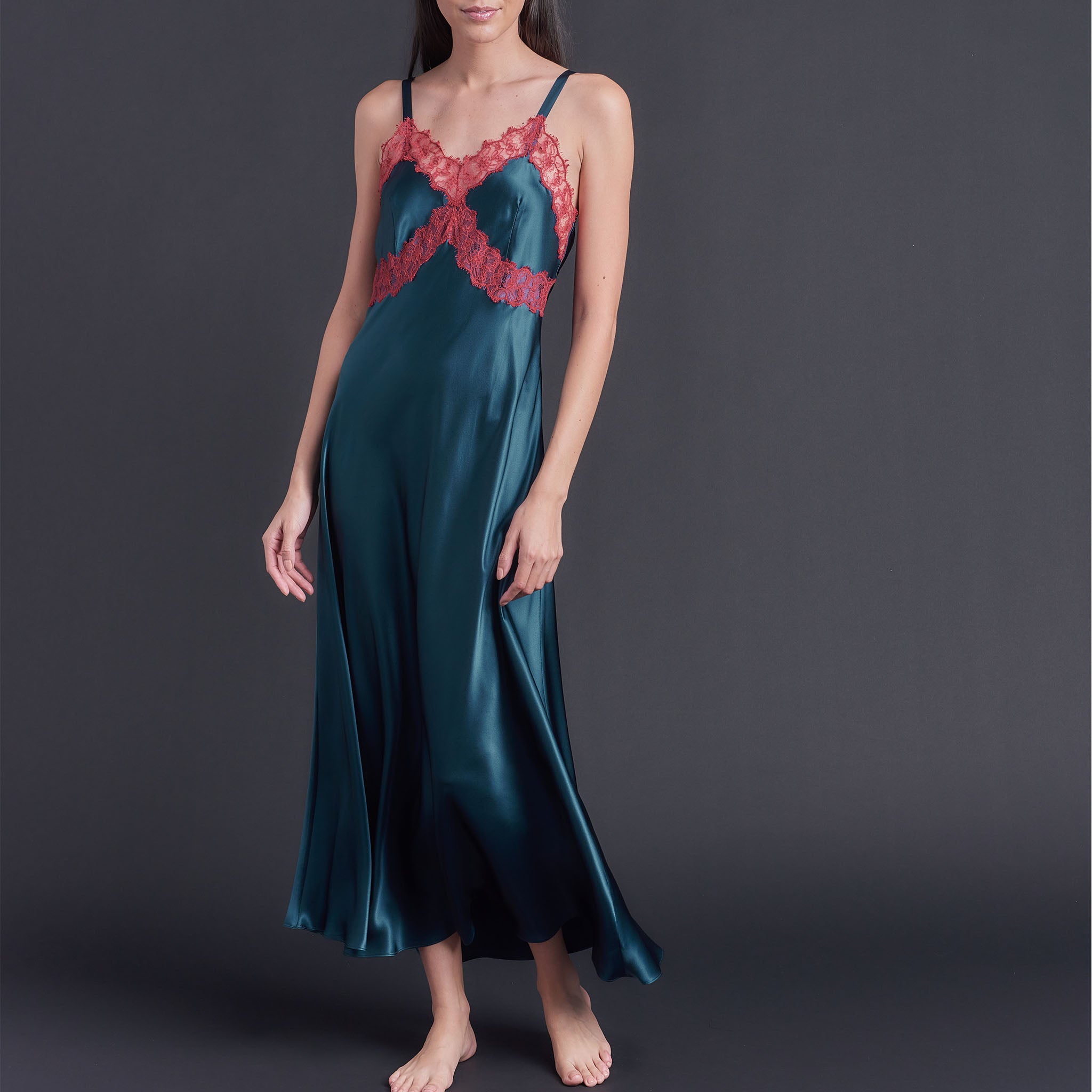 Marlayne Silk Charmeuse Slip in Peacock with Red Lace