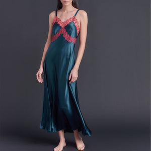 Marlayne Silk Charmeuse Slip in Peacock with Red Lace