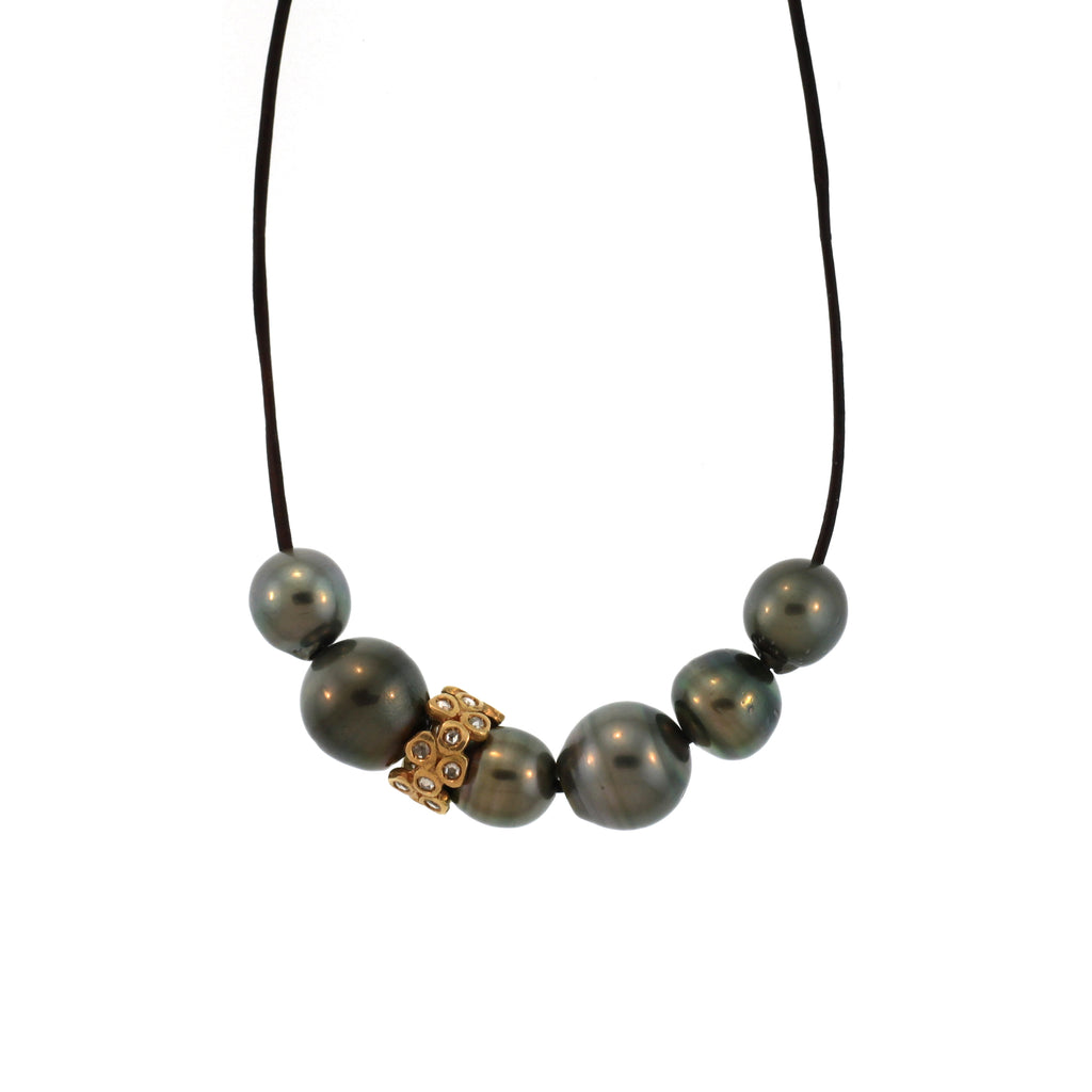 A Tahitian Pearl Necklace with 18K Rose Gold + Diamond Bead on Leather