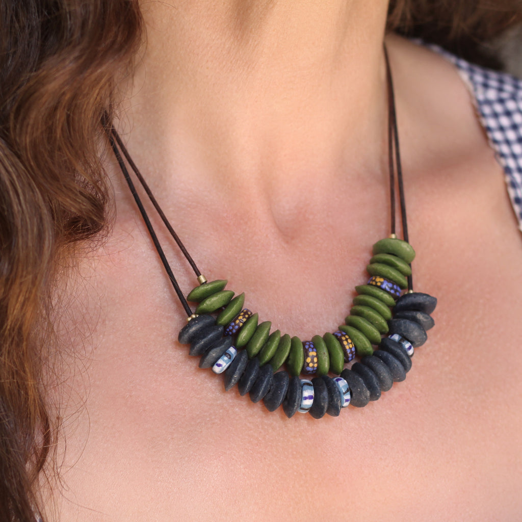 A Green + Brown Recycled Glass Bead Necklace