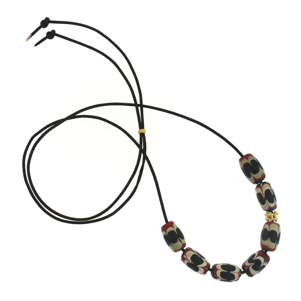 A Red, Black, + White Swirl Bead Necklace