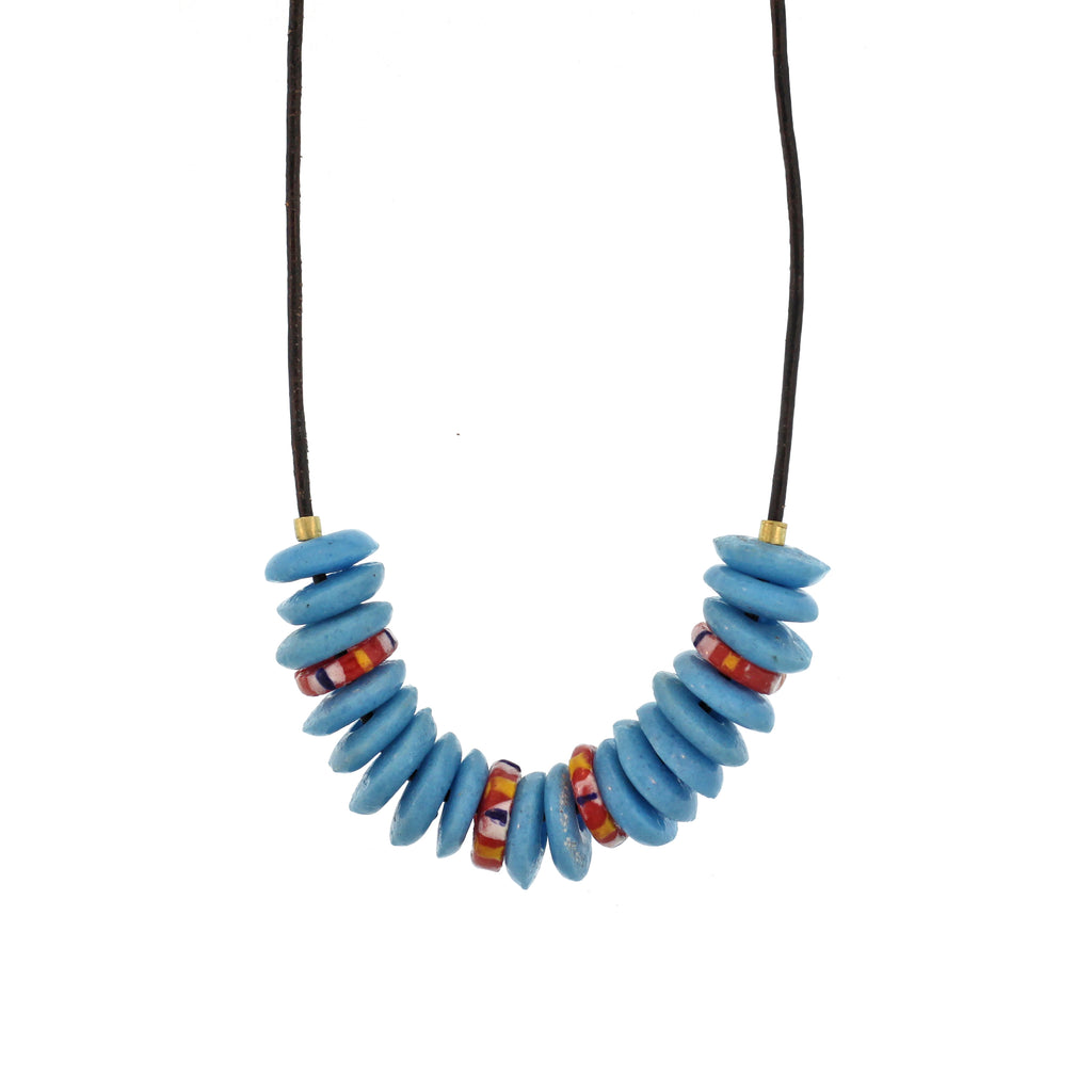 A Turquoise + Red Recycled Glass Bead Necklace
